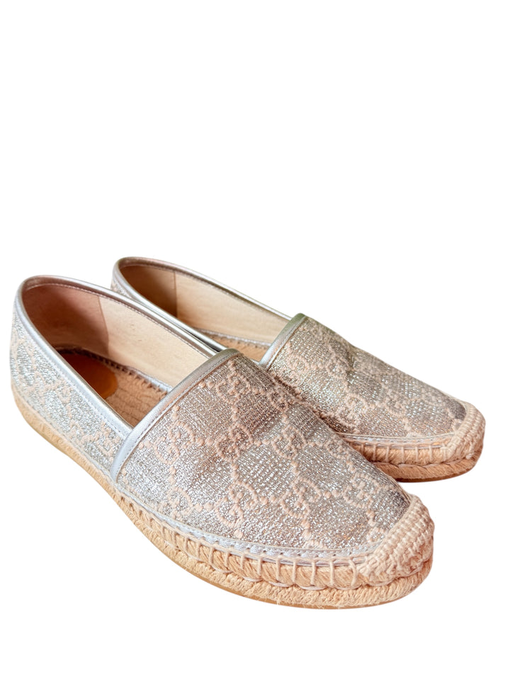 Gucci Heritage GG Lame Napa Silk Silver Monogram Espadrille Size 39