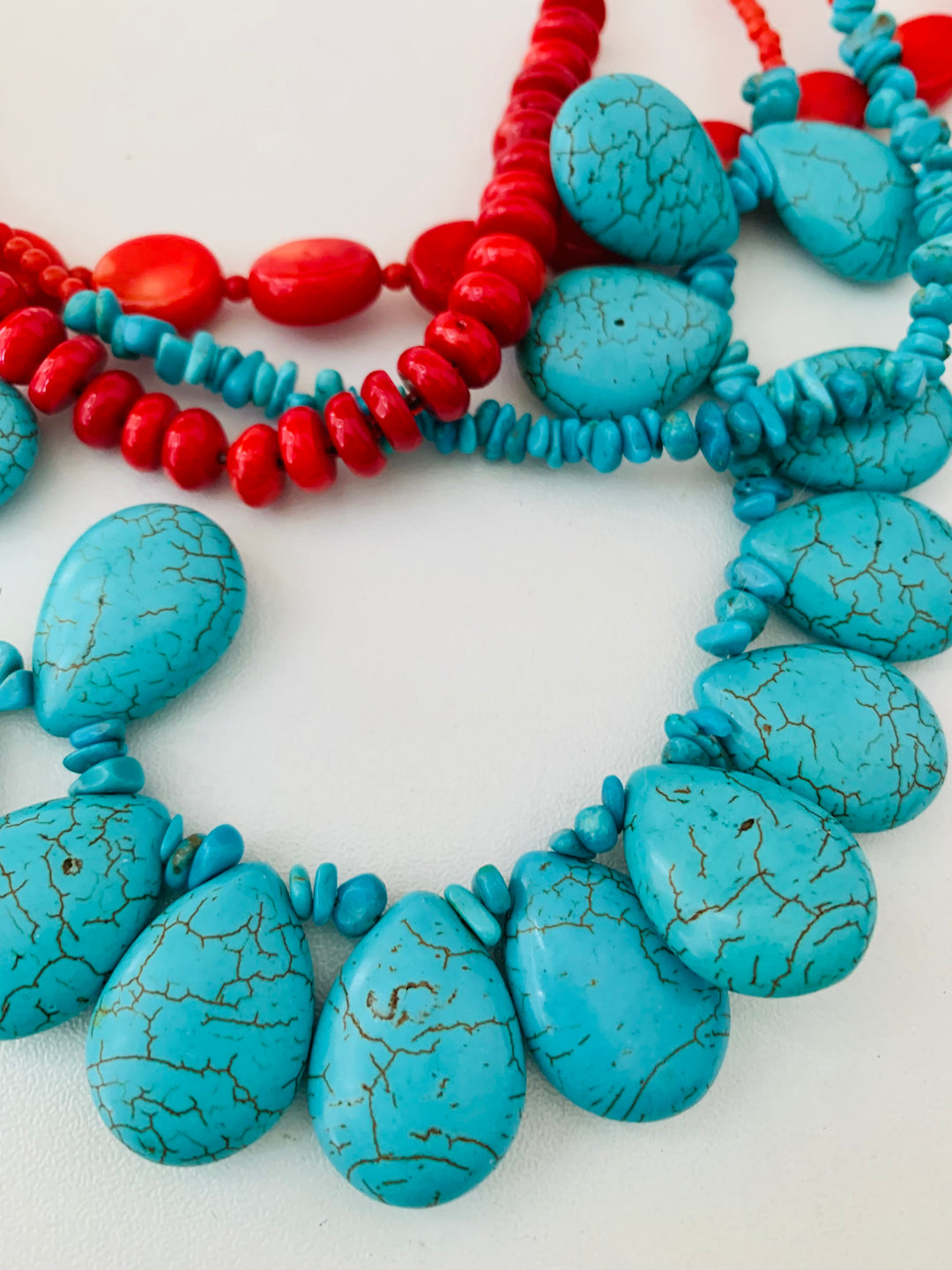 faux Turquoise and Red Beaded Layer Statement Necklace