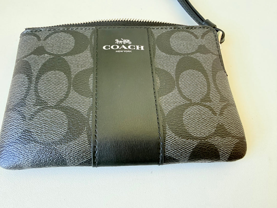 Coach Women’s Signature Canvas Corner Zip Leather In Black/Graphite Mini Wristlet