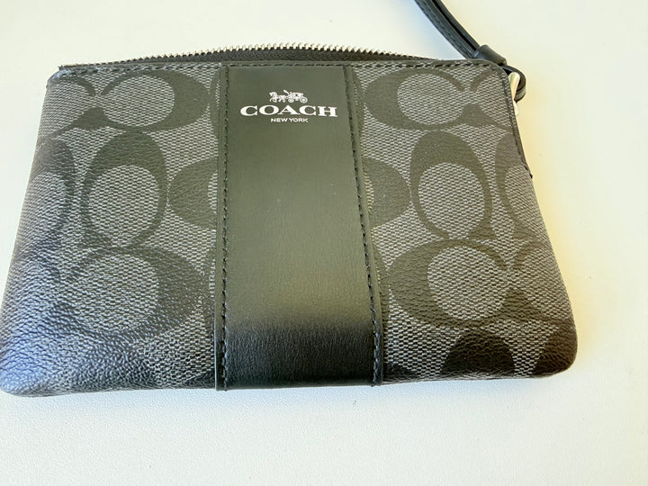 Coach Women’s Signature Canvas Corner Zip Leather In Black/Graphite Mini Wristlet