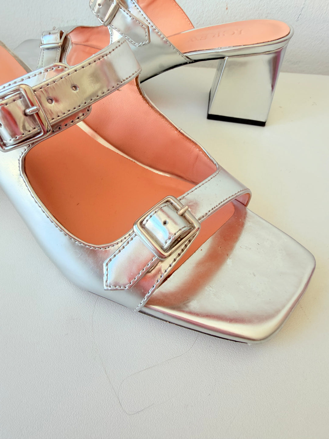 J.Crew Layne Buckle Sandals in Mettalic Silver Specchio Leather Size 7.5
