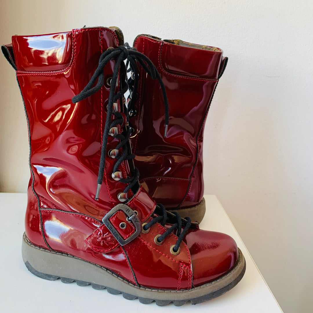 Fly London Red Patent Leather Lace Up Boots Size 40
