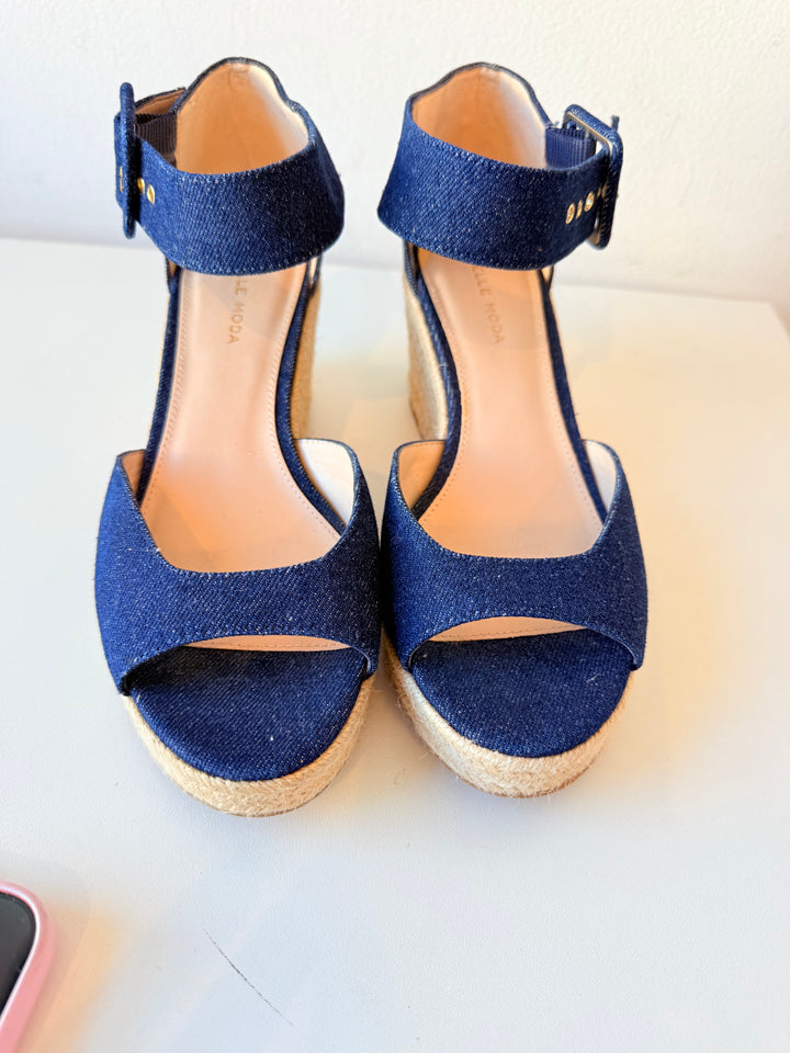 Pelle Moda Blue Jean Espadrille Wedge Ankle Strap Sandals Size 8