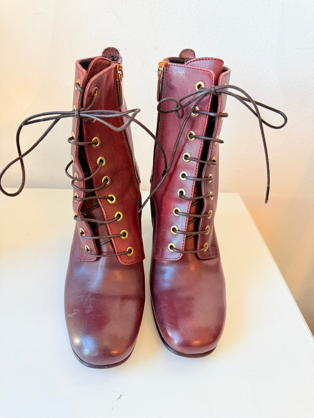 Capezanni Deep Brick Red Burnished Leather Lace Up Boots Size 37 ( Us 6.5)