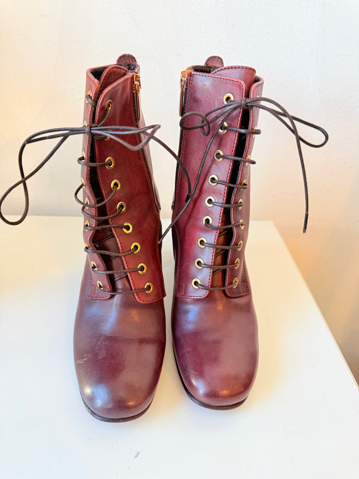 Capezanni Deep Brick Red Burnished Leather Lace Up Boots Size 37 ( Us 6.5)