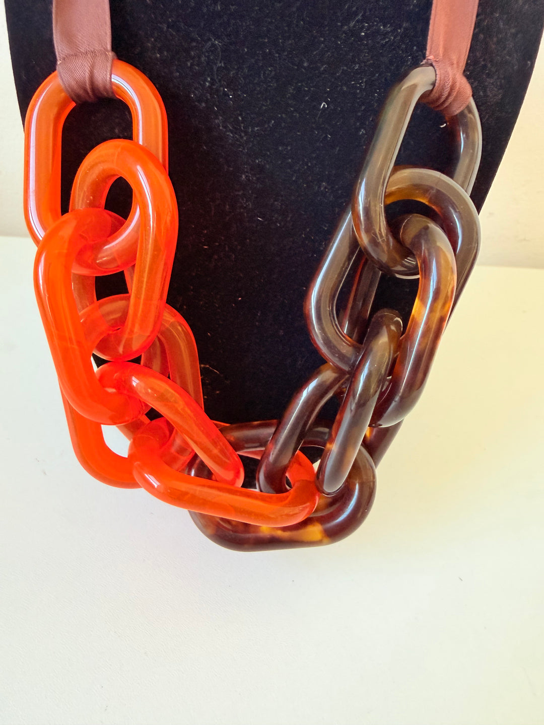 COS Orange & Brown Tortoise Chainlink Lucite Ribbon Necklace