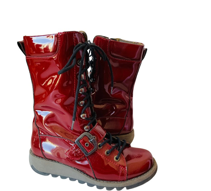 Fly London Red Patent Leather Lace Up Boots Size 40