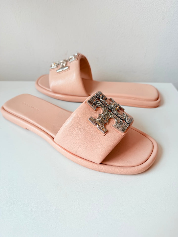 Tory Burch Double T Deco Rhinesone Sport Slides in Pink Goat Leather Size 8.5