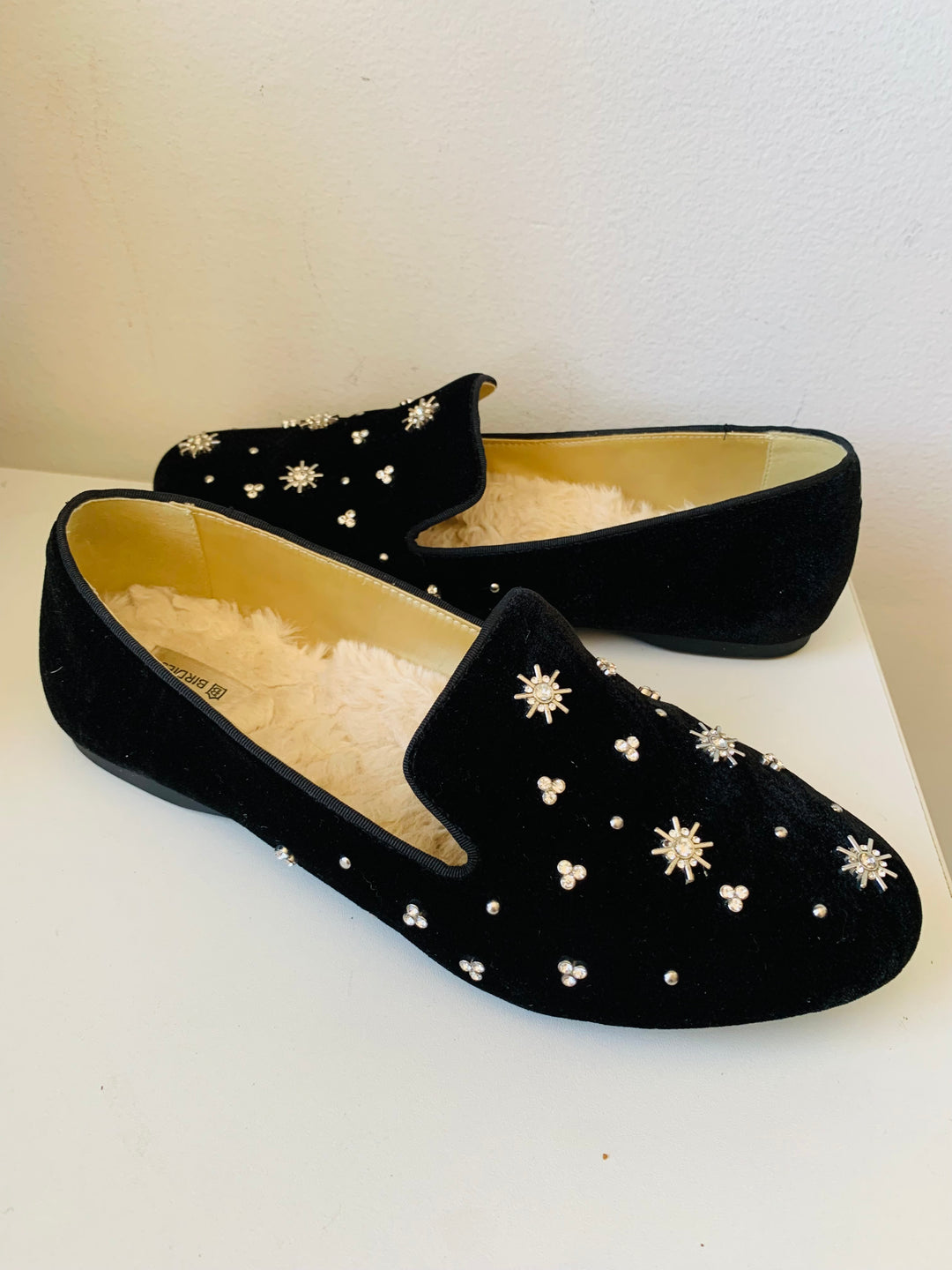 Birdies Black Starling Rhinestone Velvet Slip On Flats Size 10