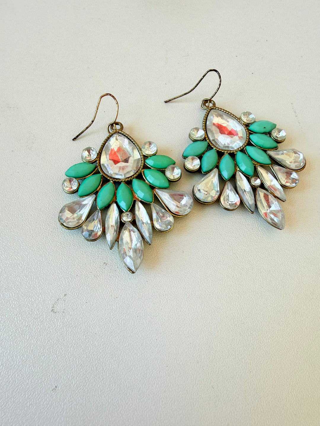 Mint & Gold Statement Pierced Earrings With Clear Rhinestones