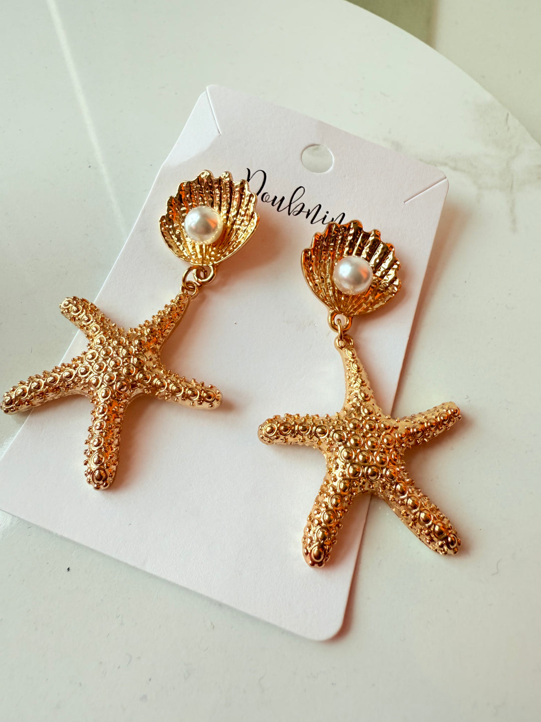 Doubnine Starfish Pearl Shell Gold Tone Pierced Earrings