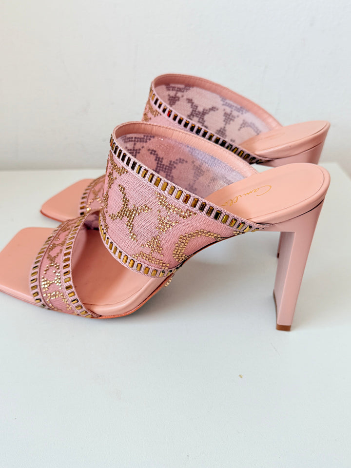 Camilla Alexia Embellished Slim Block Heel Mules In Nude/Pink Size 38