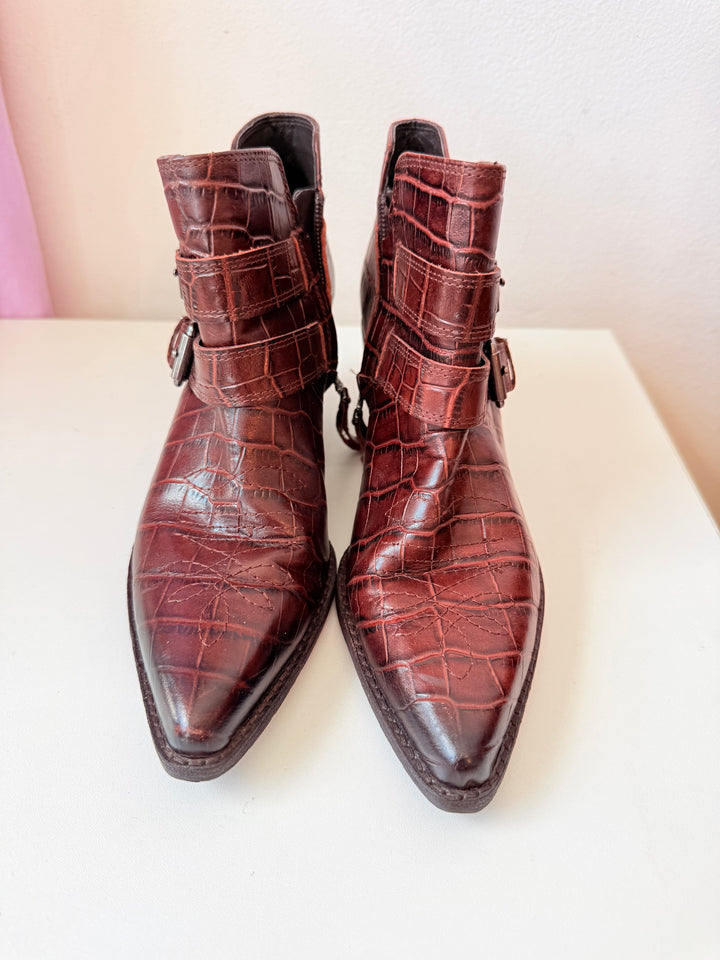 Sam Edelman Windsor Double Buckle Brown Croc Leather Embossed Booties Size 6.5
