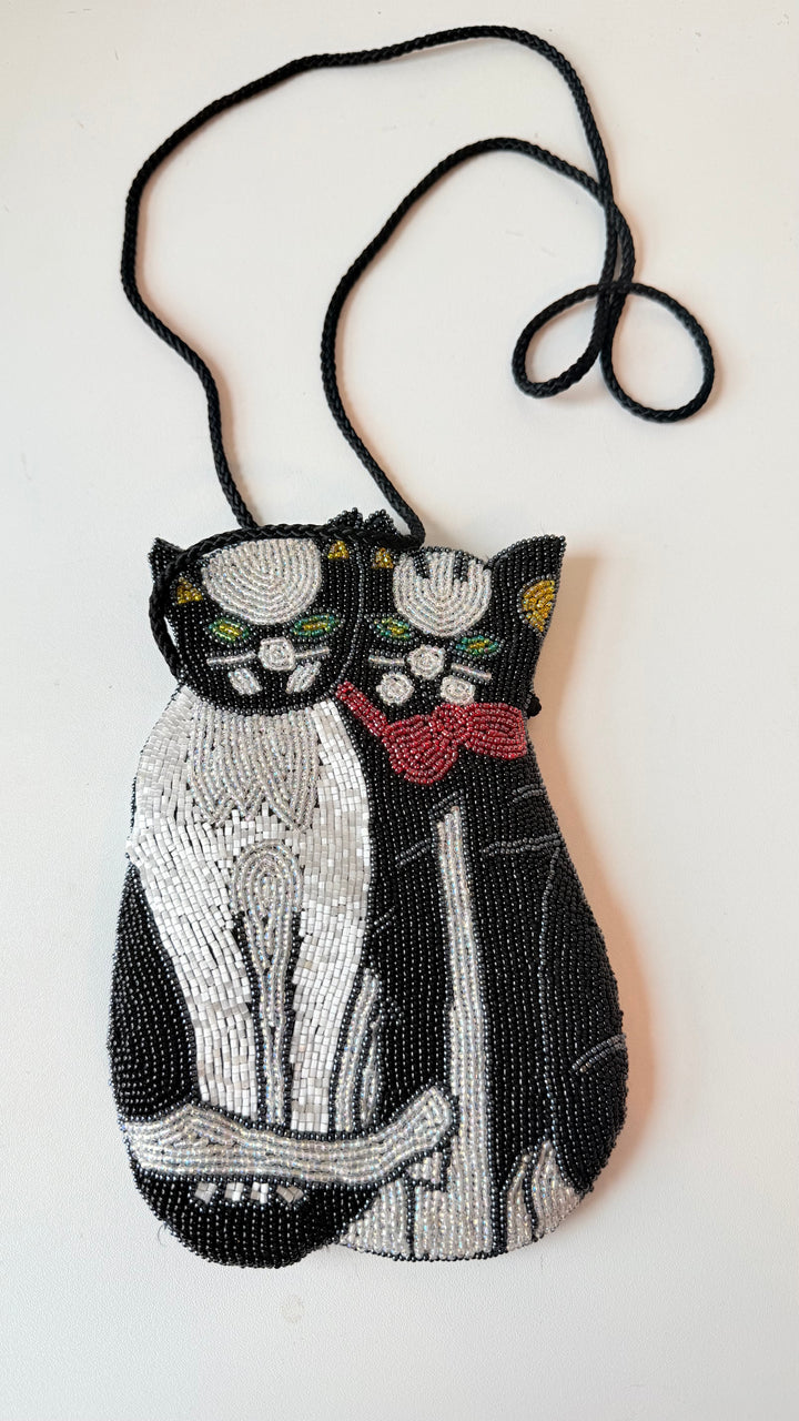 Vintage Lee Sands Hand Beaded Dual Cat Crossbody Handbag