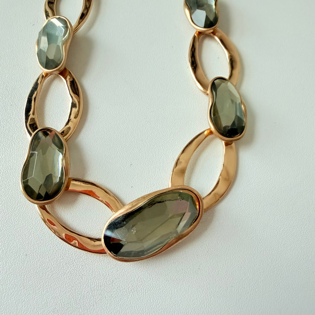 Chunky Gold Tone Light Green Stone Necklace