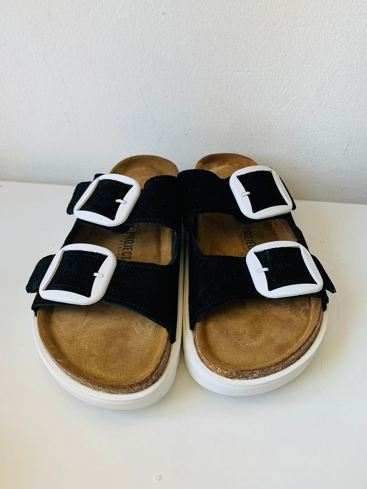 Project Cloud Greece Chucky A Black Suede Sandals Size