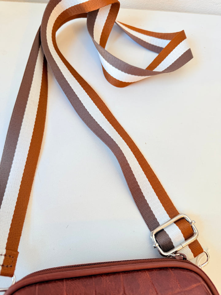 Brown Faux Croc Hard Case Leather Zip Crossbody