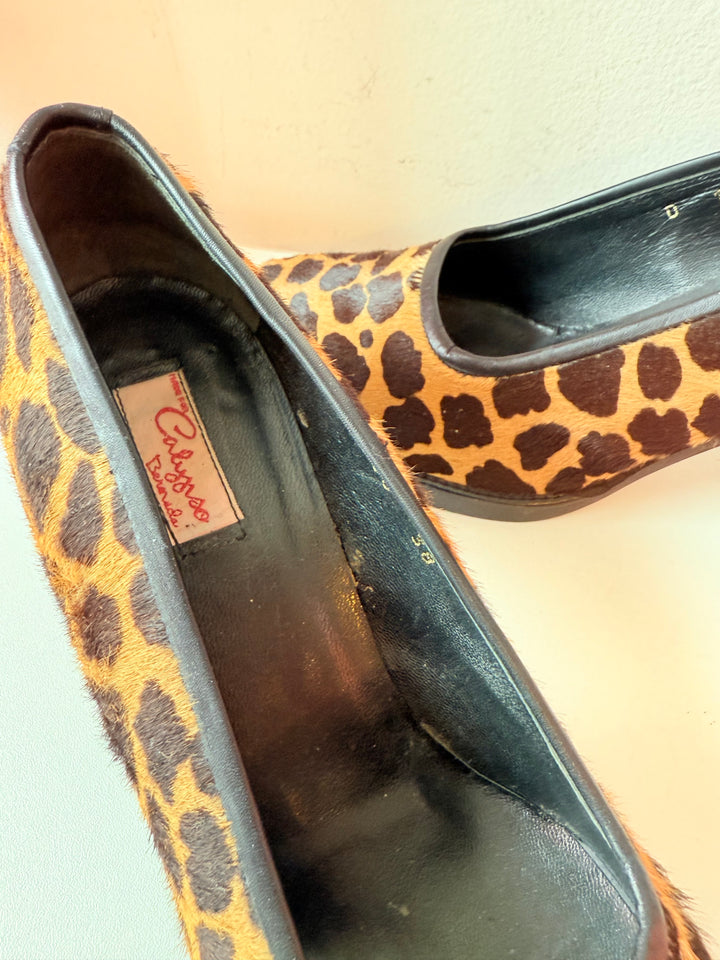 Vintage Calypso Calf Hair Leopard Print Block Heel Pumps Size 38