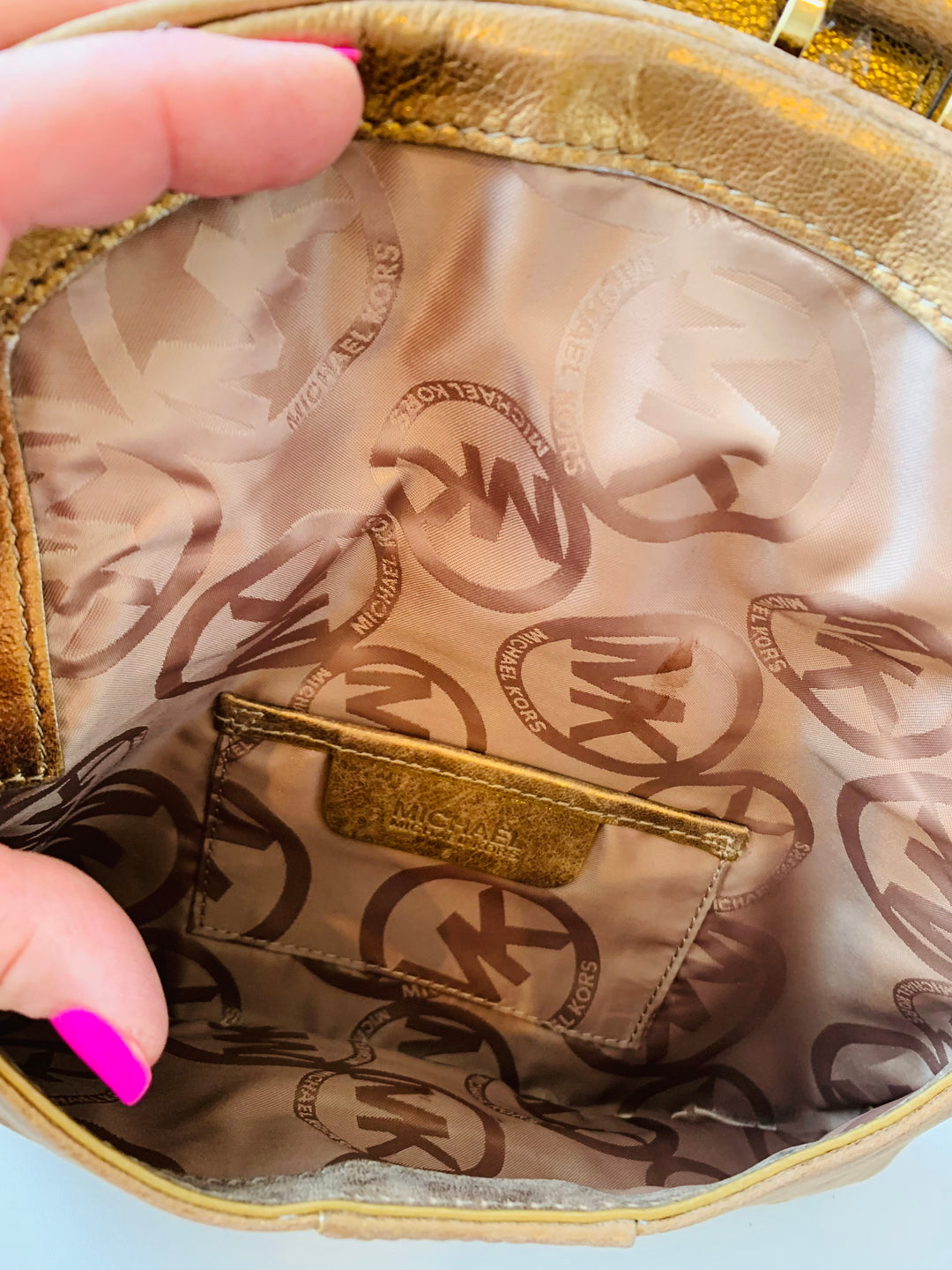 Michael Michael Kors Dark Gold/Bronze Mettalic Heidi Buckle Clutch Handbag