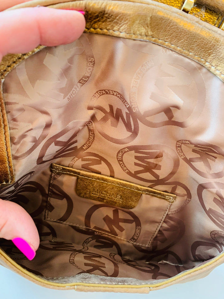 Michael Michael Kors Dark Gold/Bronze Mettalic Heidi Buckle Clutch Handbag
