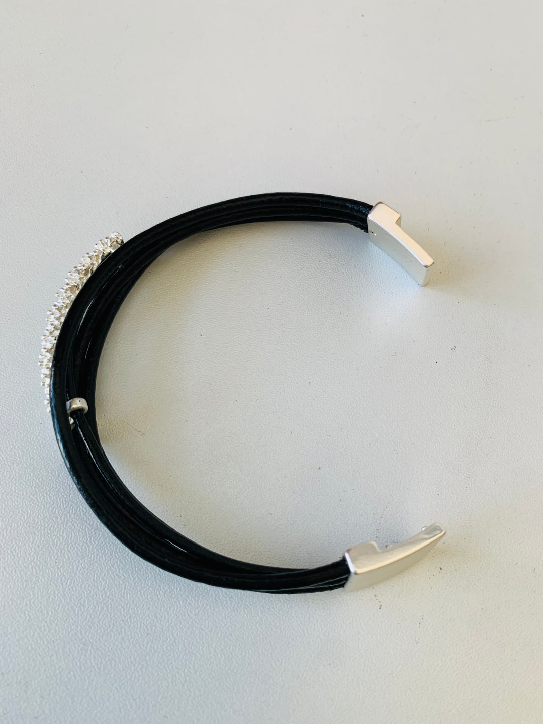Black Rhinestone and Leather Magnetic Bracelet