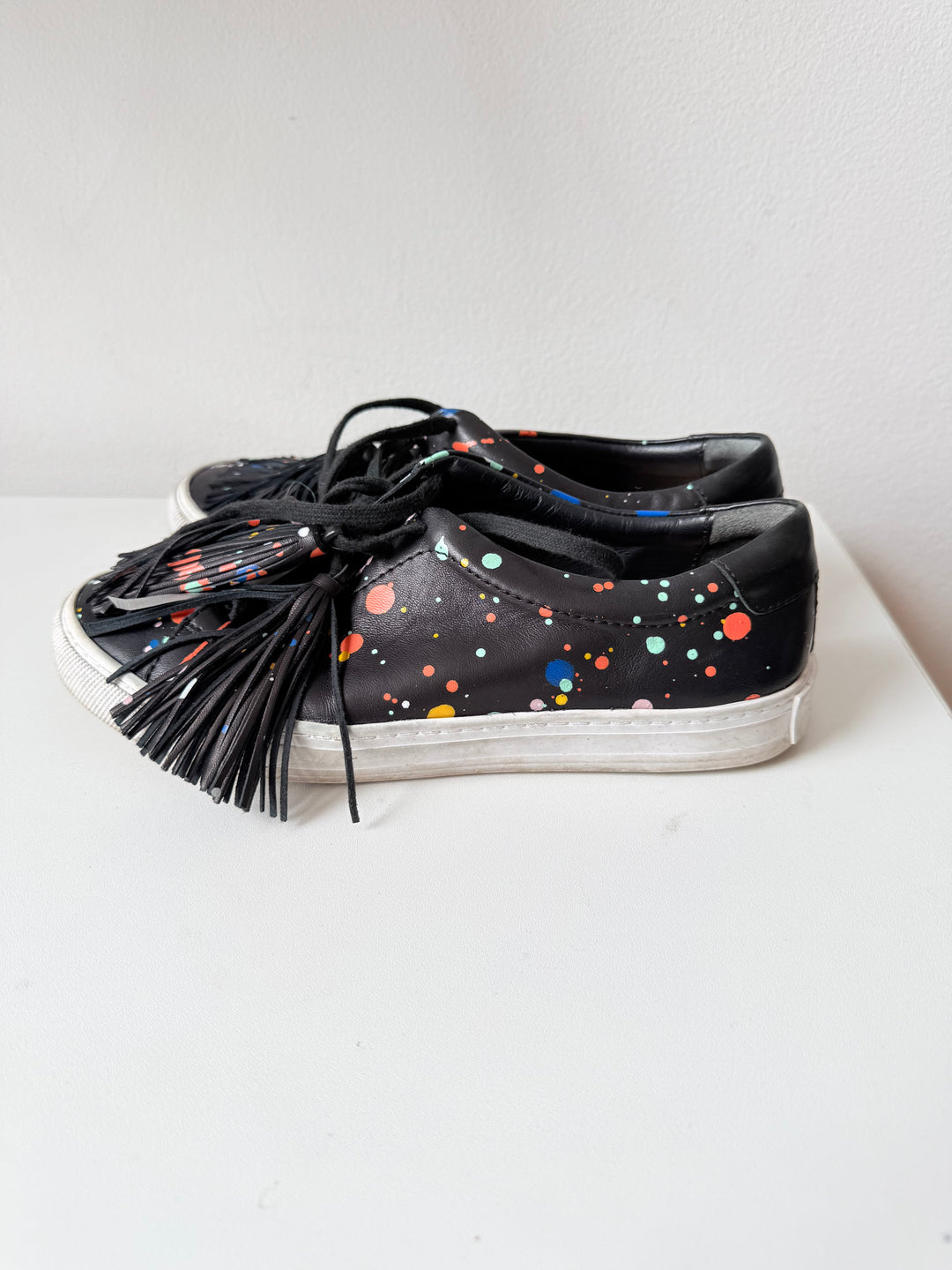 Loeffler Randall Logan Splatter Print Tasseled Leather Sneakers Size 7.5 Women’s