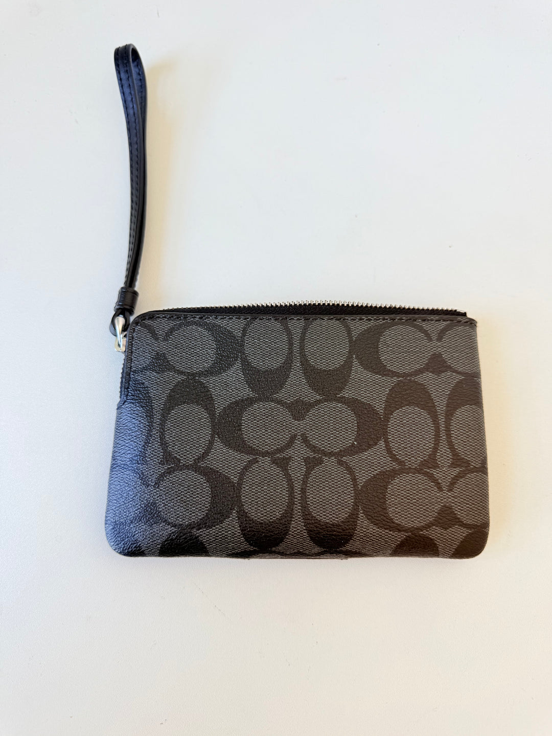 Coach Women’s Signature Canvas Corner Zip Leather In Black/Graphite Mini Wristlet