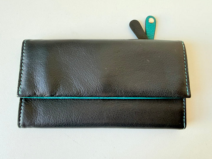 Bosca Leather Navy Blue & Aqua Fold Over Wallet