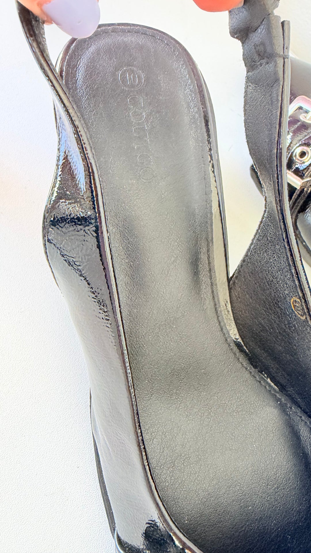 Coutgo Black Patent Sling Back Buckle Detail Block Heel Pumps Size 10