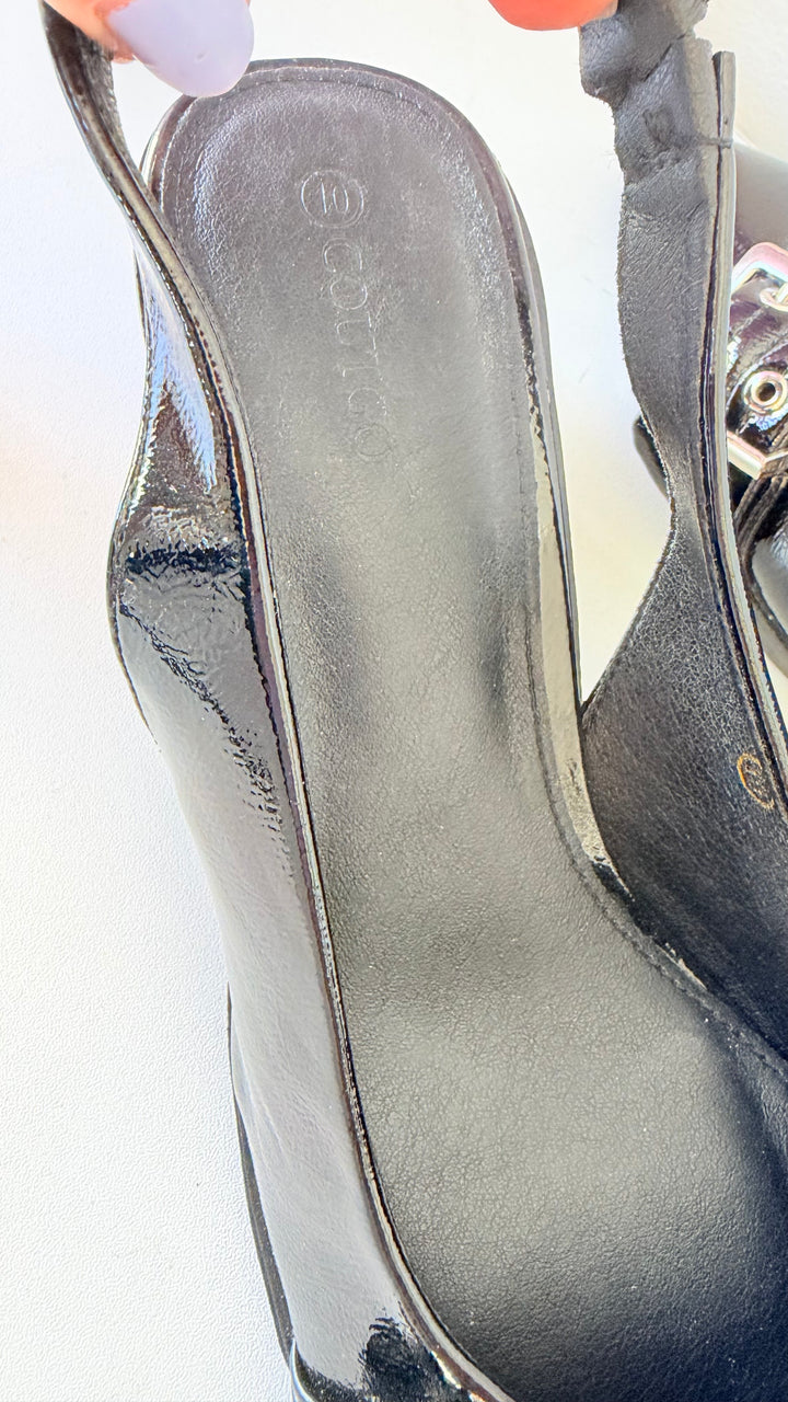 Coutgo Black Patent Sling Back Buckle Detail Block Heel Pumps Size 10