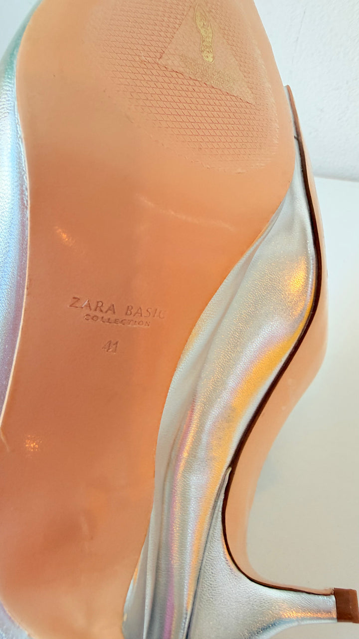 Zara V-Cut Silver Mettalic Kitten Heel Pumps Size 41 NEW/Retired 2017