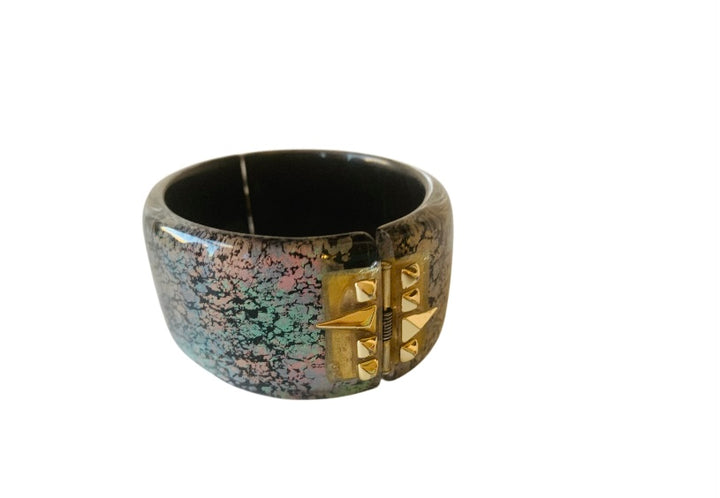 Alexis Bittar Chunky Gold Plated Multicolor Hinged Bangle Bracelet