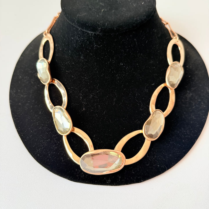 Chunky Gold Tone Light Green Stone Necklace