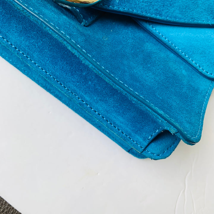 Banana Republic Royal Blue Suede Flap Over Crossbody Handbag With Gold Chain