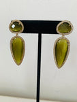 Green Drop Pierced Earrings in Gold Tone with Rhinestone Trim