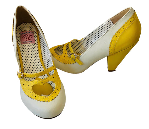 Pleaser Pin Up Couture Poppy Yellow and White Heeled Mary Jane Retro Pump Size 9