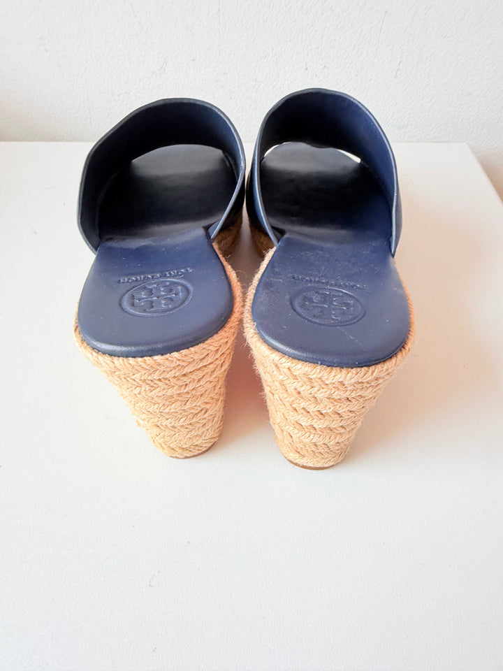 Tory Burch Bima Espadrille Wedge Sandals In Navy Blue Size 8 New