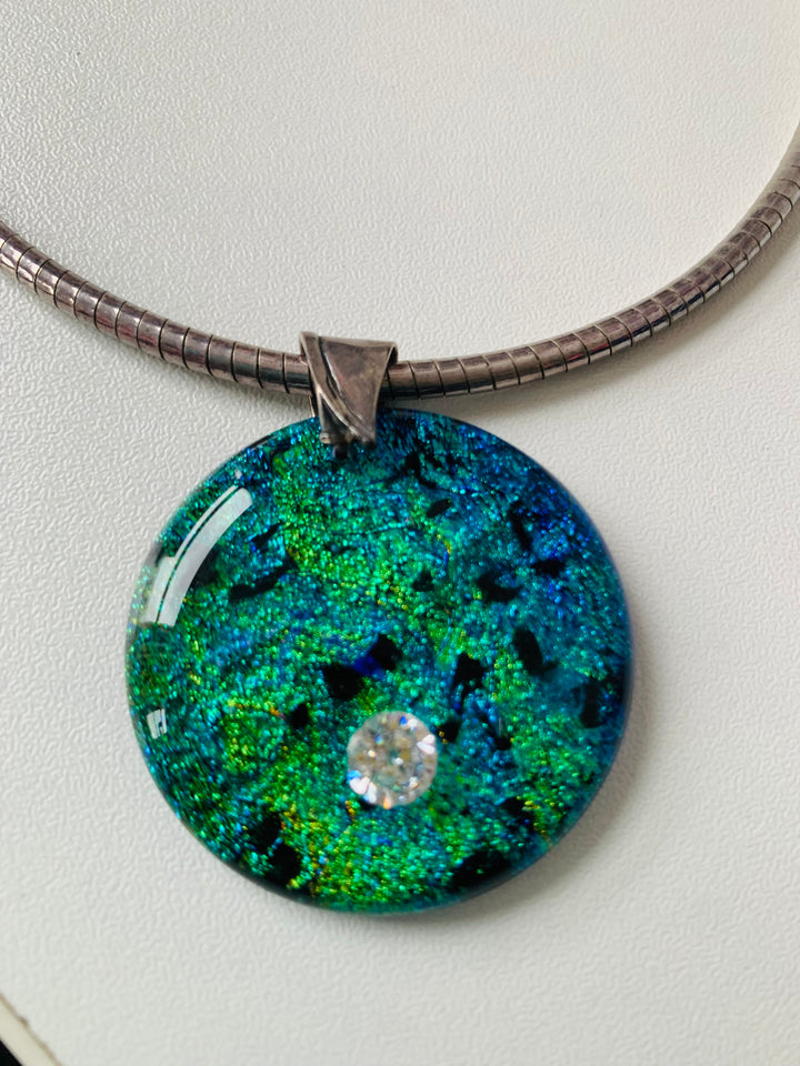 Sterling Silver and Glass Blown Blue Green Pendent Necklace Handmade