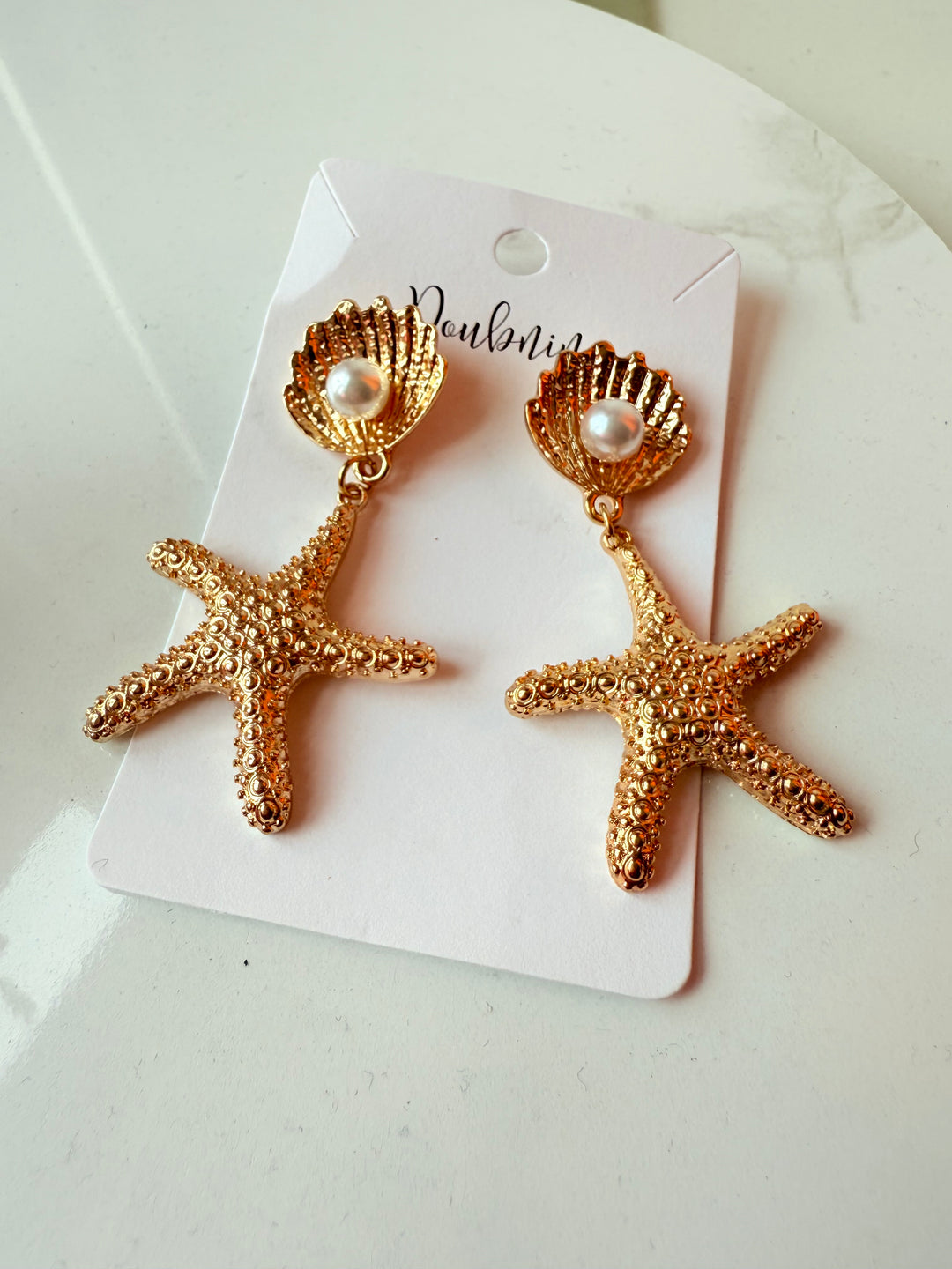 Doubnine Starfish Pearl Shell Gold Tone Pierced Earrings