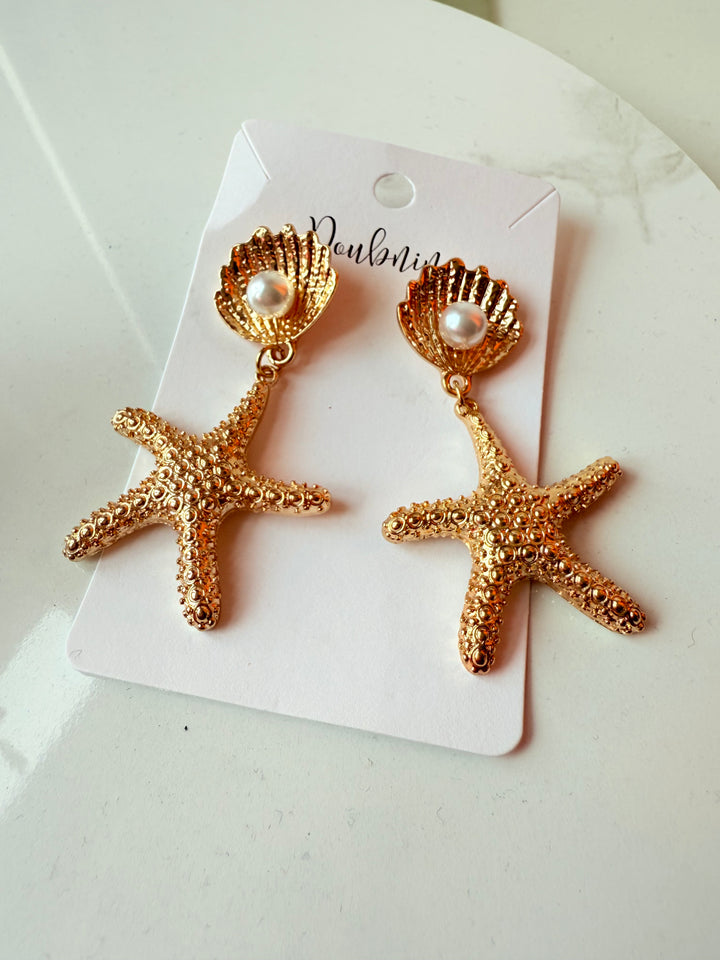 Doubnine Starfish Pearl Shell Gold Tone Pierced Earrings
