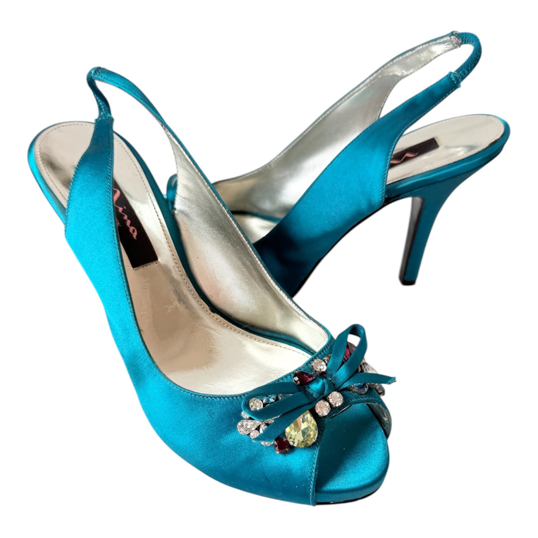Nina Teal Blue Milika Satin Crystal Embellished Peep Toe Heeled Slingbacks Size 8