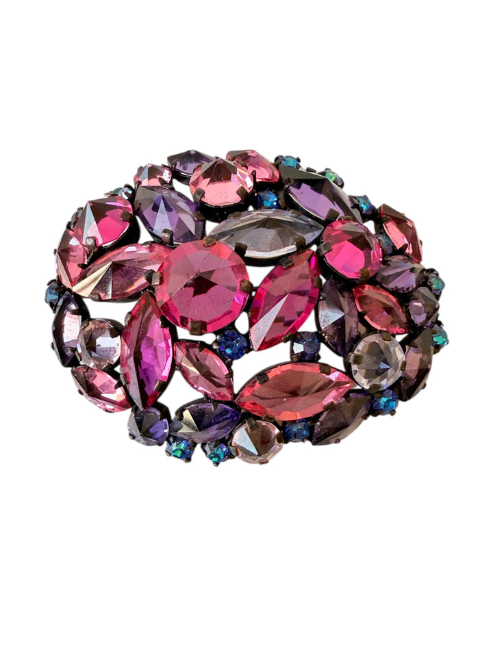 Vintage Regency Pink Aurora Borealus Rhinestone Cluster Leaf Brooch
