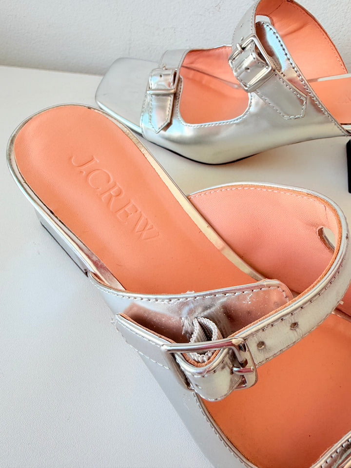 J.Crew Layne Buckle Sandals in Mettalic Silver Specchio Leather Size 7.5