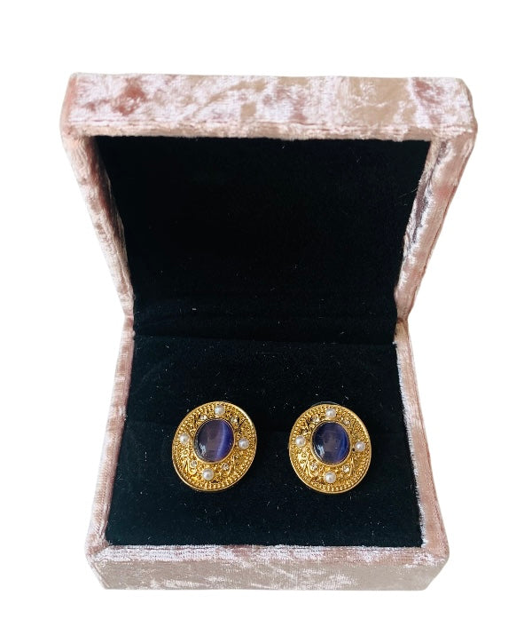 Blue And Pearl Gold Tone Pierced Earrings