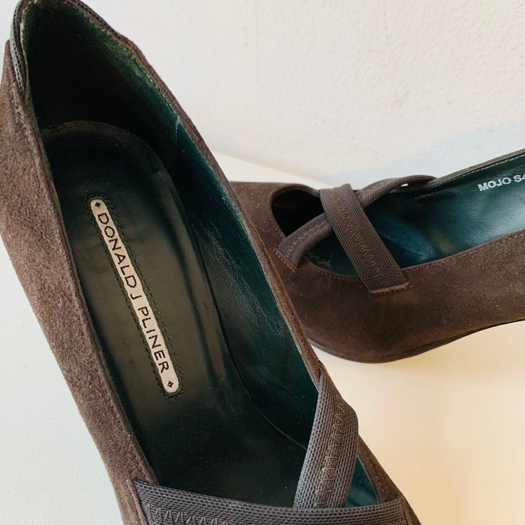 Donald Pliner Mojo Brown Suede Pumps With Elastic Cross Straps Size 8.5