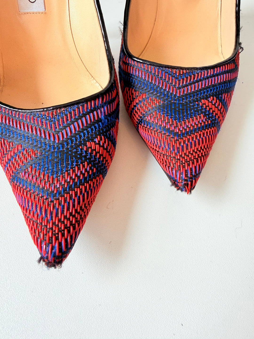 Jimmy Choo Abel Pointed Woven Fabric Red/Blue Pumps Size 39.5