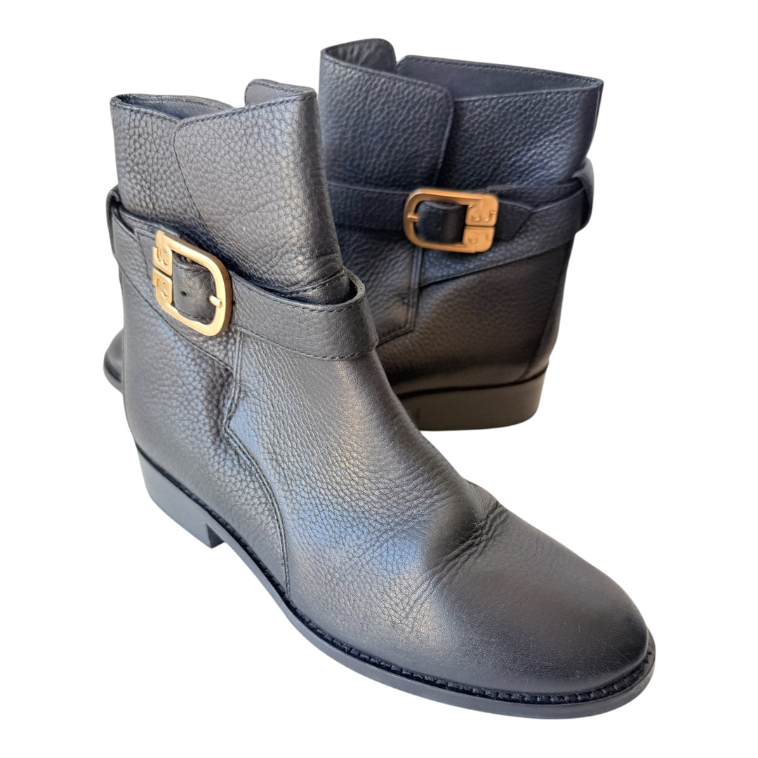 Tory Burch Black Tumbled Leather Brooke Gold Logo Boots Size 6