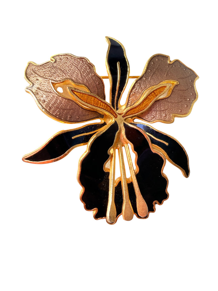 Vintage Gold & Black Enamel Orchid Brooch