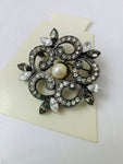 Vintage Pearl And Rhinestone Brooch Set In Pewter Tone