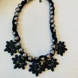 Loft Faux Grey Pearl Rhinestone Ribbon Statement Necklace